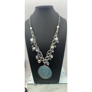 Chicos Necklace For When You Wear Blue Jeans Silver Tone Beaded & Large Pendant